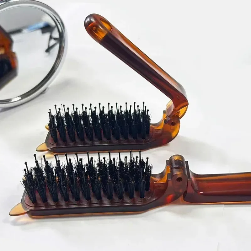 Peines para el cabello de melena de cerdo, peines de masaje para estilizar la cabeza, cepillo de pelo antiestático plegable portátil para mujer, accesorios de estilismo para peluquero - imagen 2