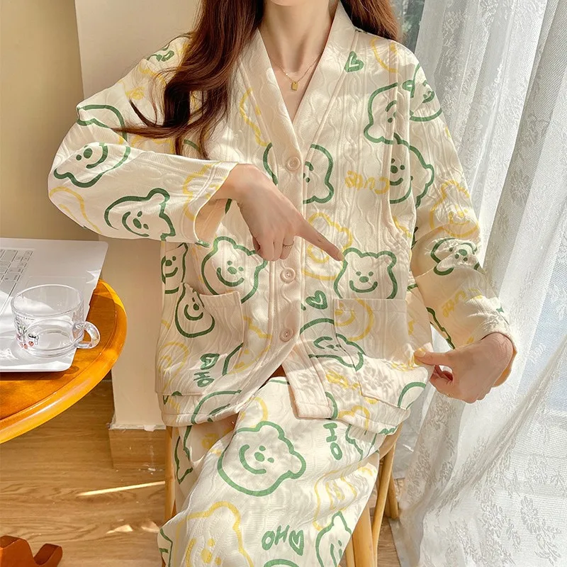 Conjunto de pijamas de maternidad para otoño e invierno, ropa de dormir gruesa para amamantar, pijama de algodón, traje de lactancia, 2 piezas - imagen 2