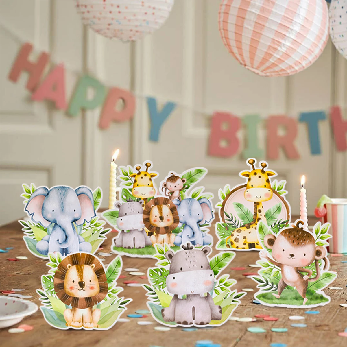 Soporte de fiesta de animales de la selva, adorno de granja, de feliz cumpleaños decoración de fiesta, mesa de dinosaurio, mariposa de la selva, decoración de fiesta de Baby Shower - imagen 3