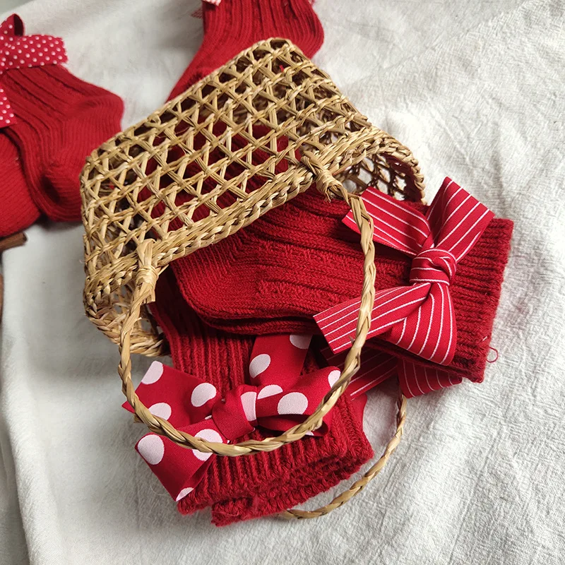 Calcetines de tubo medio para niñas con lazo, medias rojas cálidas 100% algodón para niños, calcetines de Navidad, regalos para niños de 0 a 8 años - imagen 3