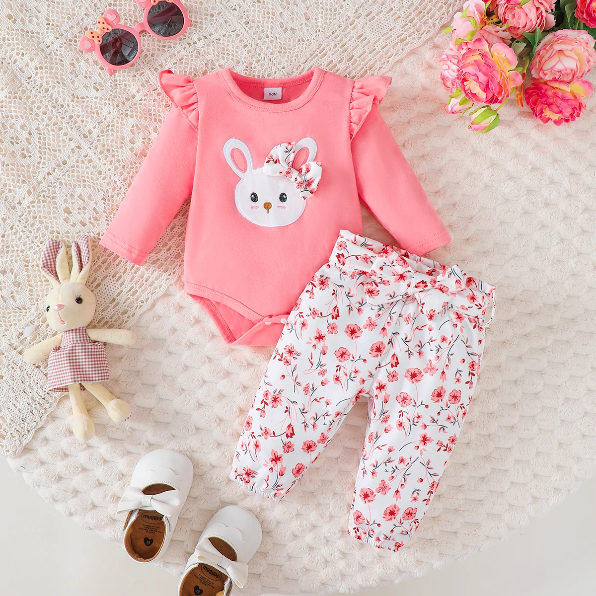 Ropa de 3 uds para niña, trajes de manga larga, mono de conejo encantador, pantalones de flores y diadema, ropa informal de otoño para bebé de 0 a 18M