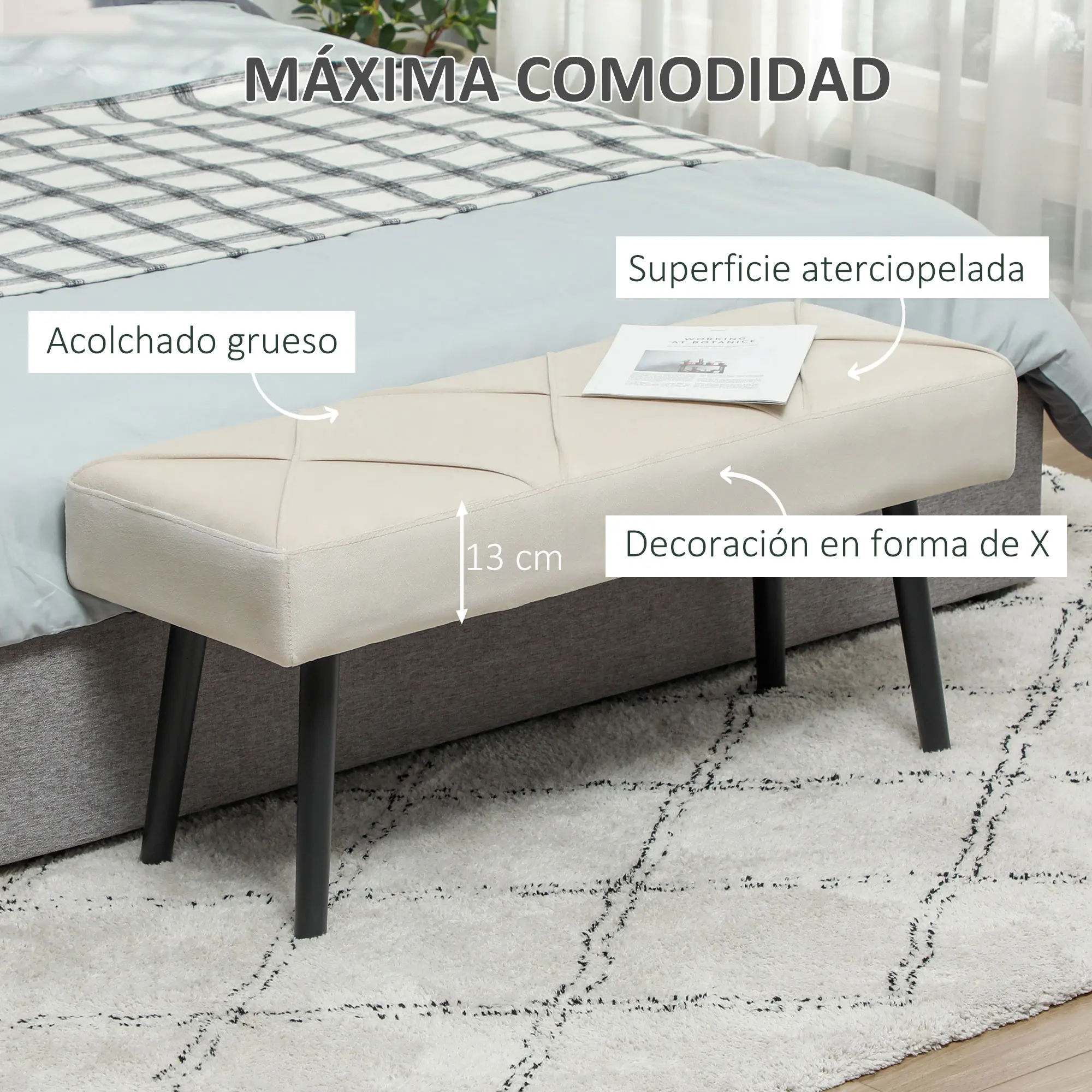 HOMCOM Taburete Pie de Cama Multifuncional, Banco Pie de Cama Moderno, Banco Dormitorio con Asiento Acolchado y Patas de Acero, Carga 120 kg, para Entrada, Pasillo, Salón, 100x36x45 cm, Blanco Crema - imagen 4