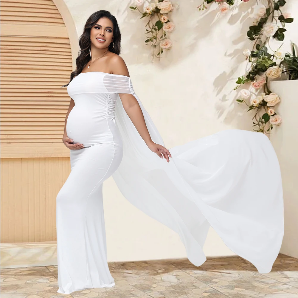 Vestido maxi de gasa para maternidad con hombros descubiertos - imagen 2