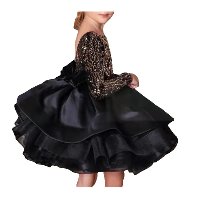 Vestido de princesa de lentejuelas negro y rojo con diseño sin espalda, tutú de tul de manga larga para niñas, vestidos formales para presentador y eventos para niñas - imagen 4