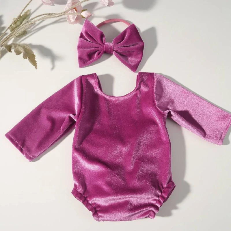 Pelele de terciopelo para recién nacido, accesorios para fotos de recién nacido, conjunto de diadema para niña, ropa para sesión de fotos infantil - imagen 5