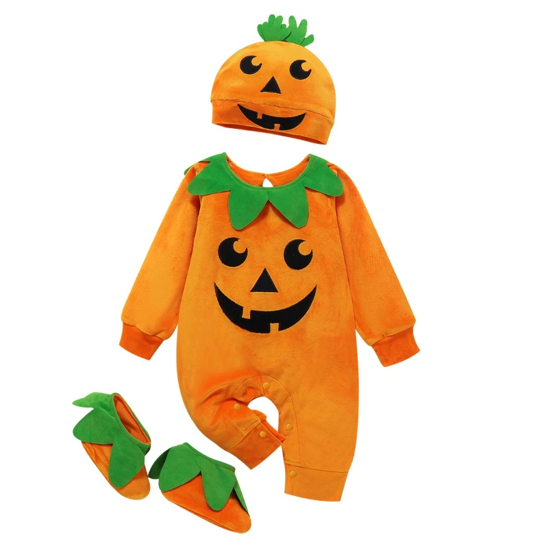 Mono unisex para bebé con sombrero y calcetines para niños y niñas, lindo mameluco de calabaza de Halloween, mono cómodo de manga larga para exteriores