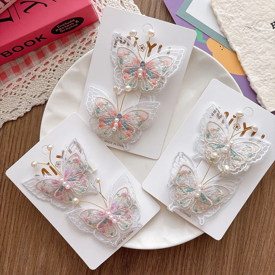 Horquilla antigua con bordado de malla para niños, accesorios para el cabello para niñas y niños, mariposa y perlas, 2 uds.