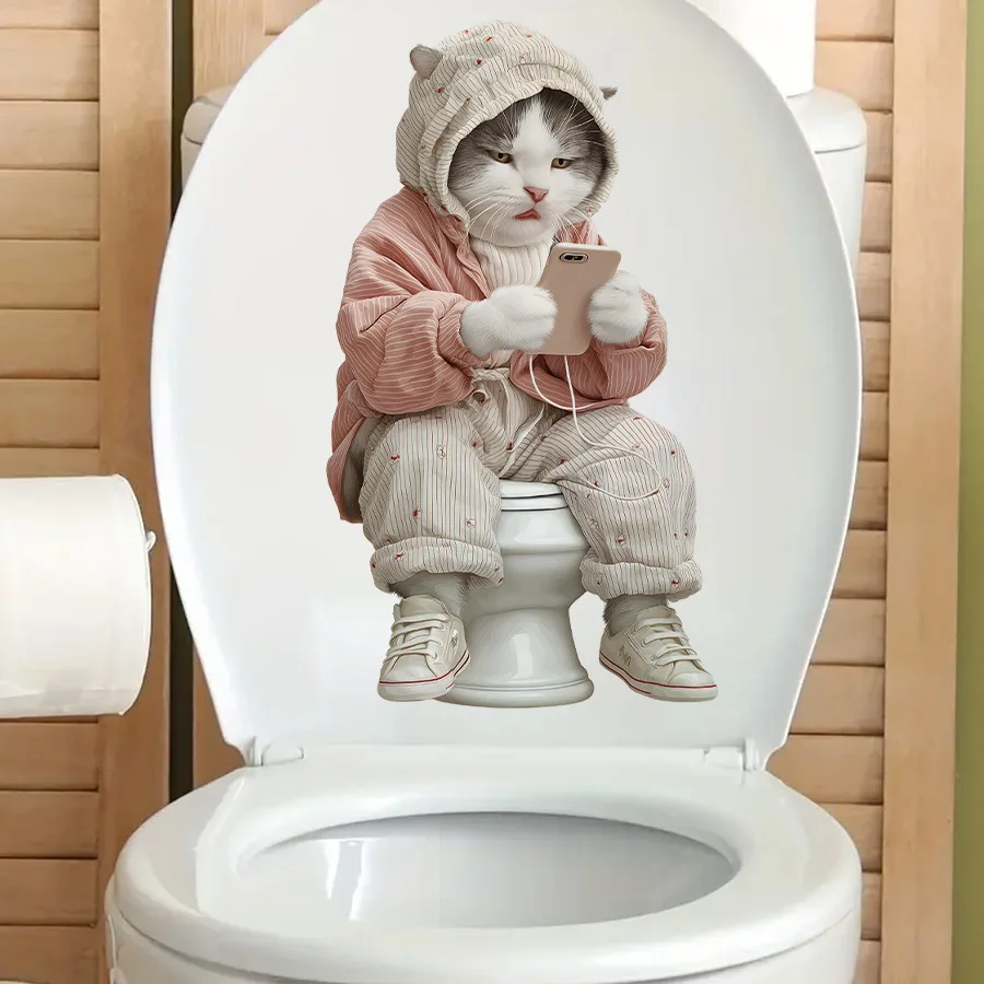 Pegatina de pared de gato para inodoro, pegatina de pared autoadhesiva de simulación de dibujos animados, decoración de tapa de inodoro, pegatina de pared - imagen 2