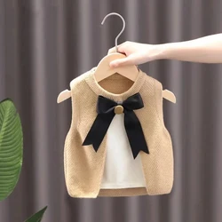 Chaleco de punto con lazo para niña – Cuello redondo
