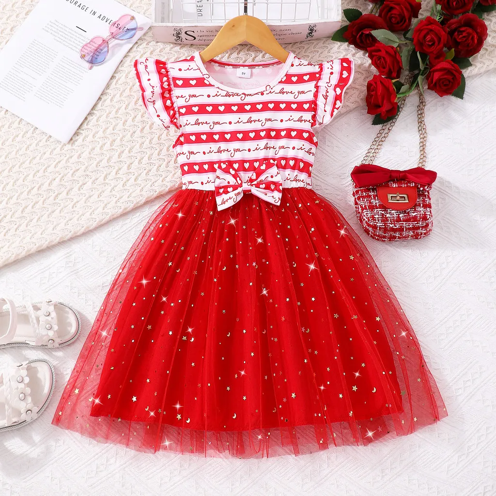 Lindo vestido rojo para niñas, vestidos de verano de manga corta Sweet Love para niños pequeños, disfraz informal para fiesta de cumpleaños para niños de 2 3 4 5 6 7 años - imagen 2