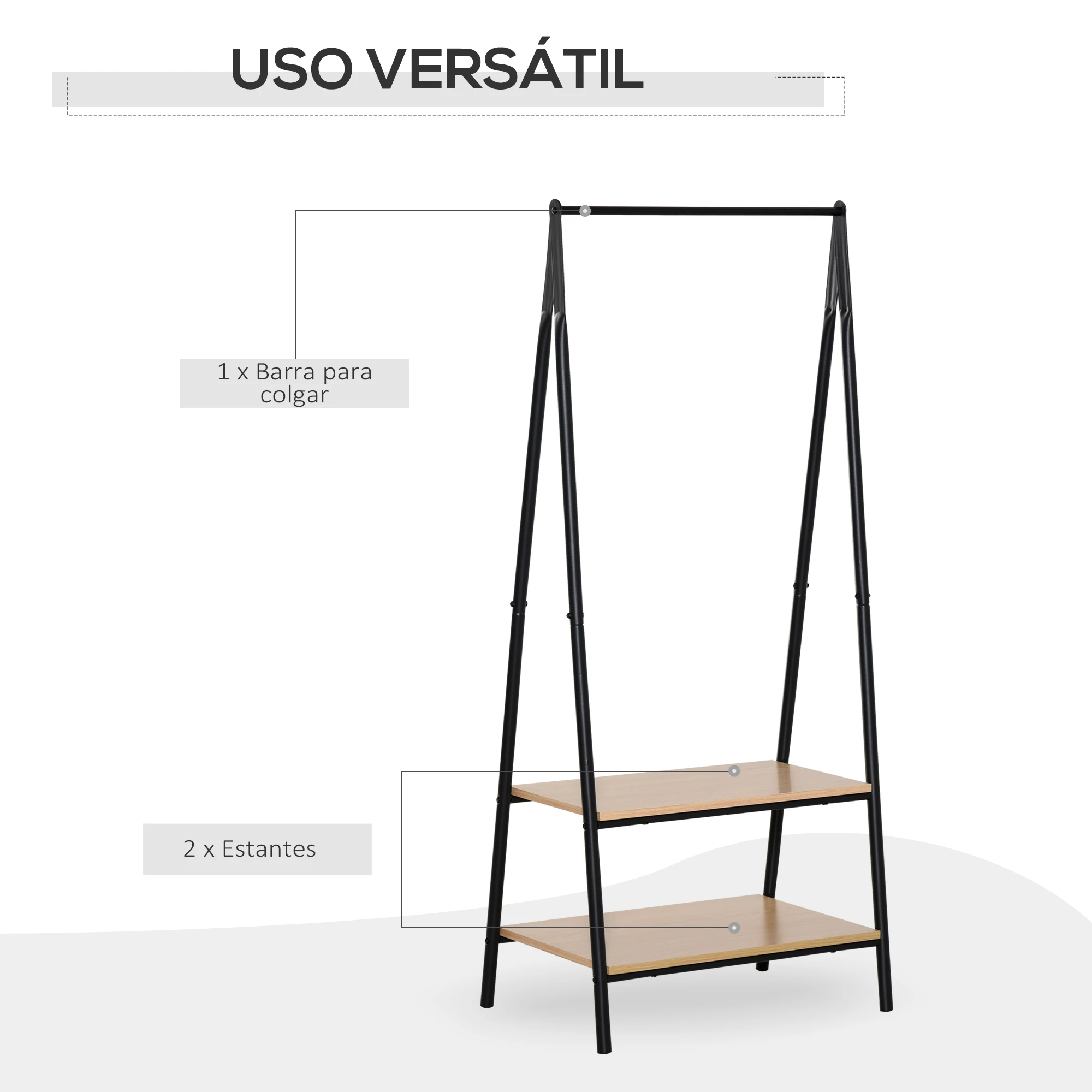 HOMCOM Perchero de Ropa Perchero de Pie con 2 Estantes de Almacenamiento Barra para Colgar y Marco de Acero para Entrada Pasillo Dormitorio 64x42,5x149 cm Negro - imagen 3