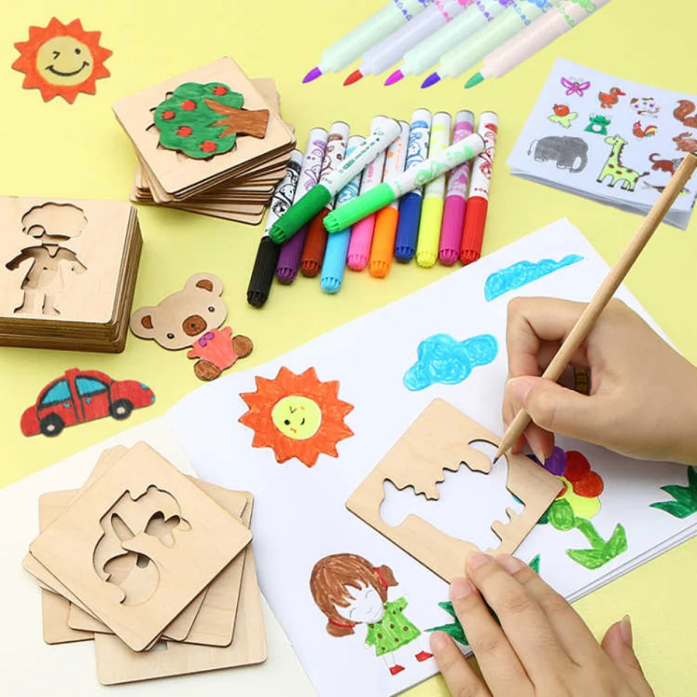 Juguetes Montessori para niños, juguetes de dibujo, plantilla de pintura DIY de madera, plantillas, juguetes educativos de aprendizaje para niños, regalo, 10/20 piezas - imagen 2