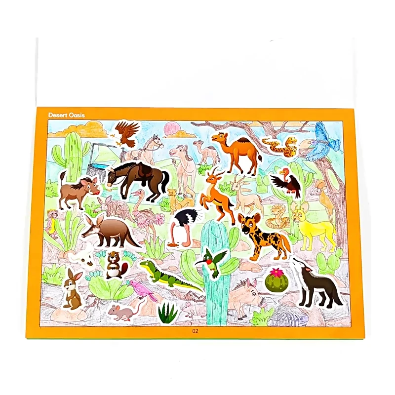 Libro para colorear con pegatinas para niños, 10 páginas, escenas, 5 hojas, tema de animales, vida silvestre, océano, dinosaurio, juego a juego, juguete educativo, regalo divertido - imagen 3