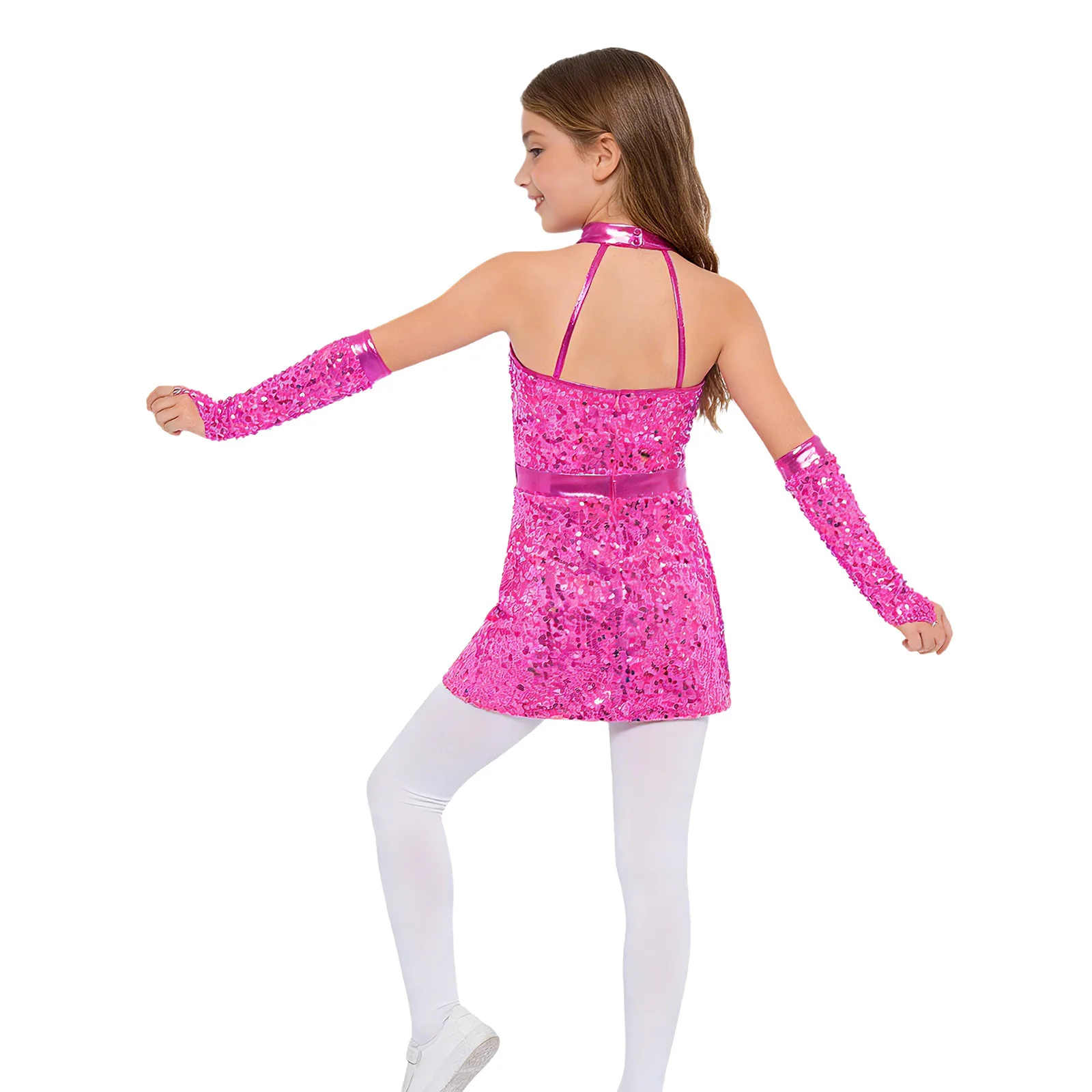 Vestido de baile latinoamericano para niña con lentejuelas y guantes - imagen 4