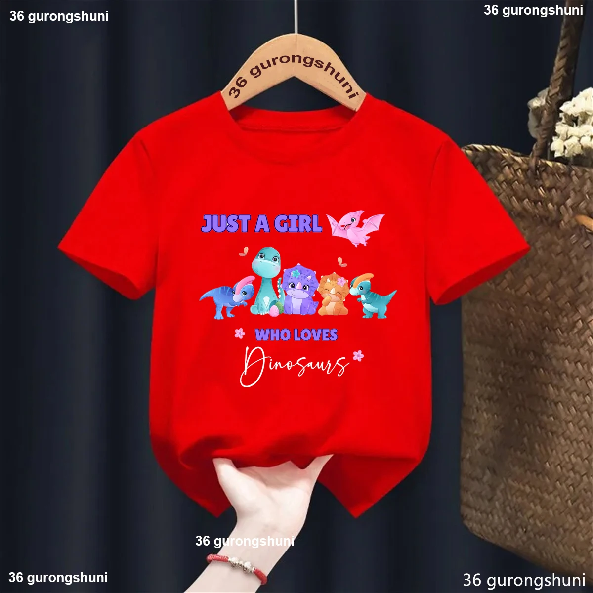 Camiseta con estampado con dibujo de dinosaurio Just A Girl Who Loves, ropa para niños pequeños de Dino T-Rex, ropa para niños Harajuku Kawaii - imagen 5