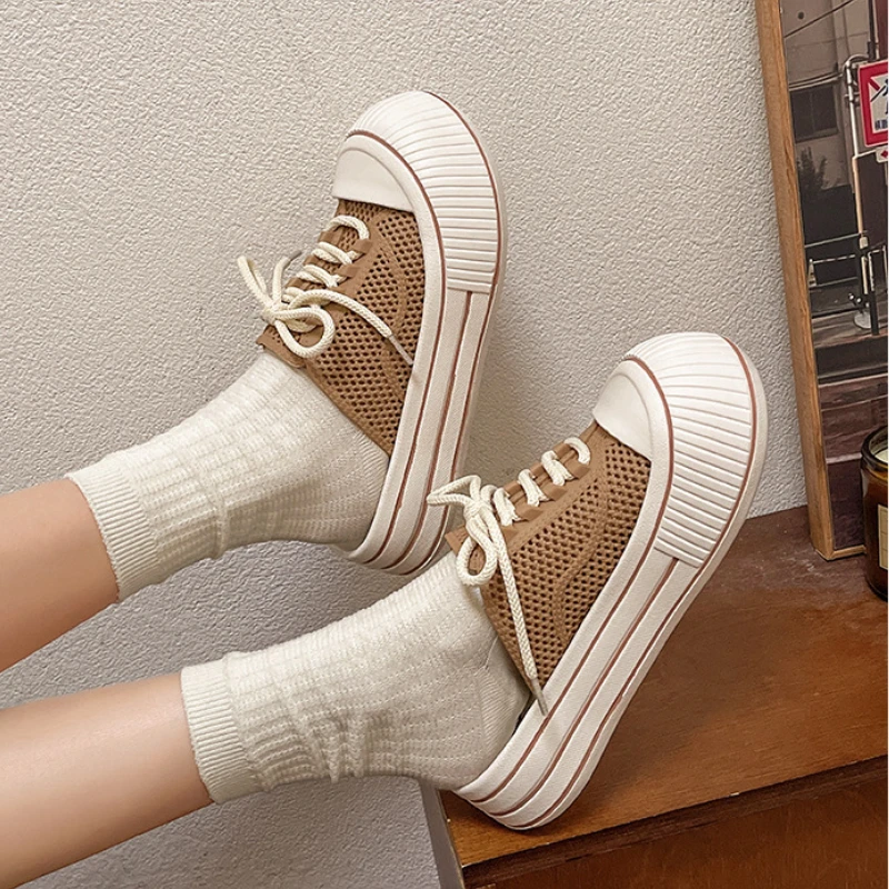 Zapatillas de plataforma de verano con cordones de malla transpirable para mujer, zapatos de calle para el hogar, sandalias sin cordones de estilo coreano con suela gruesa para niñas - imagen 5