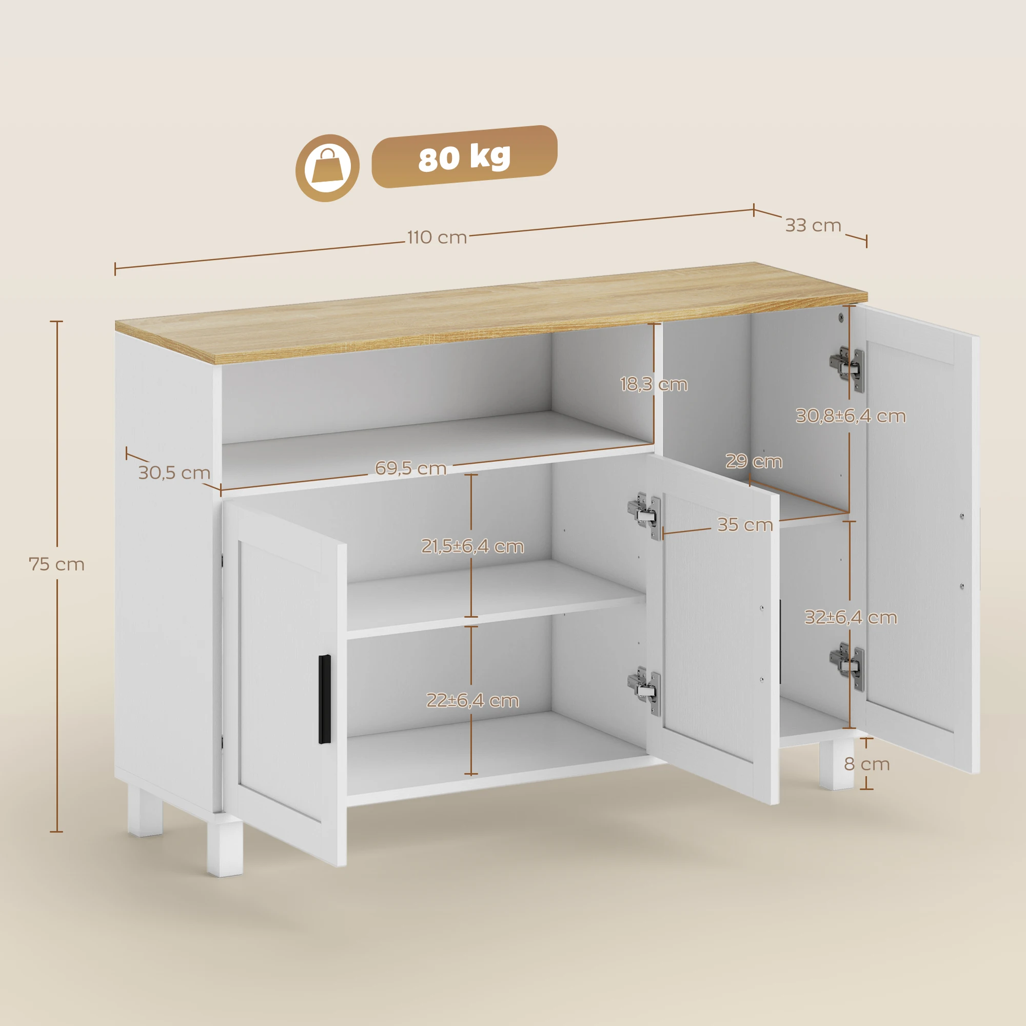 HOMCOM Aparador de 3 Puertas de Cierre Suave, Aparador de Salón con Estantes Ajustables, Compartimento Abierto, Patas de Madera, para Cocina, Entrada, Dormitorio, Blanco, 110x33x75 cm - imagen 3