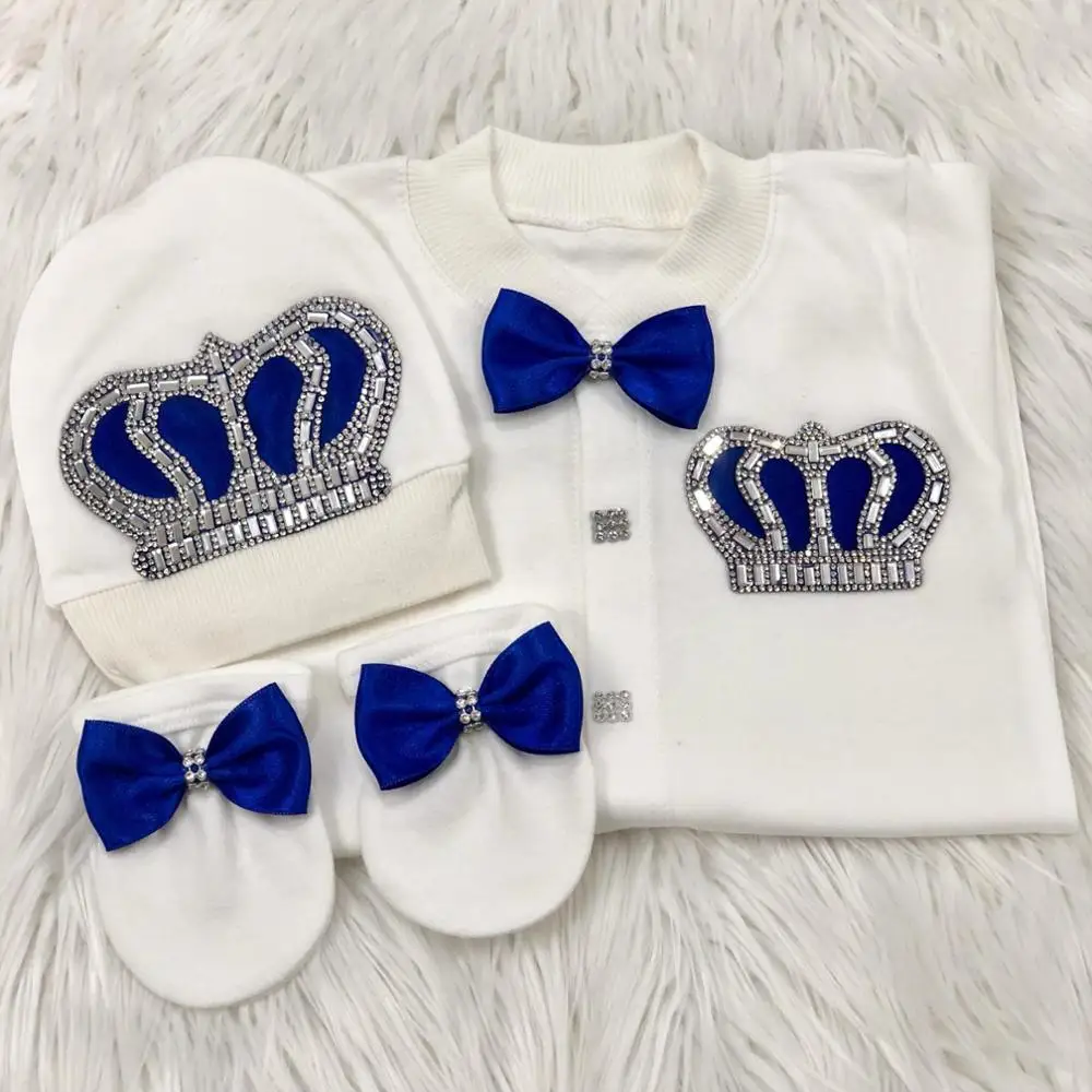 Dollbling Royal Bling joyería corona regalo conjuntos de ropa bienvenida a casa mamelucos de bebé mitones capó pijama traje 4 Uds Layette - imagen 2