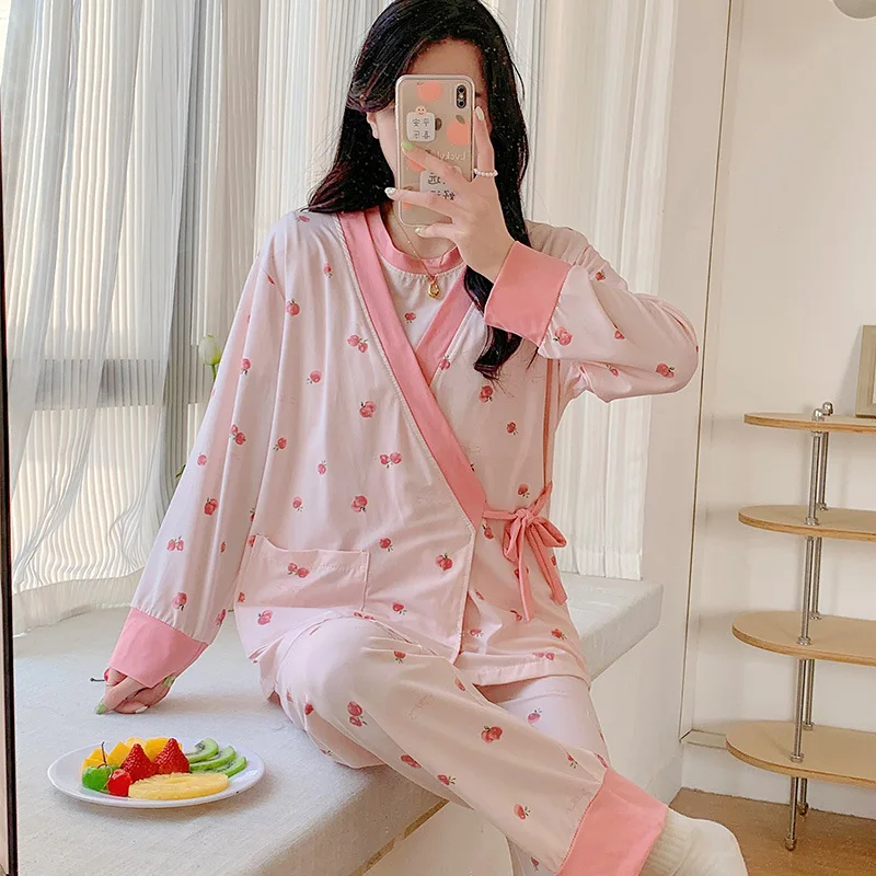 Conjunto de pijamas de maternidad para lactancia, camisón de lactancia estampado de algodón, ropa de dormir para el hogar, moda de primavera y otoño, 3 uds. - imagen 4