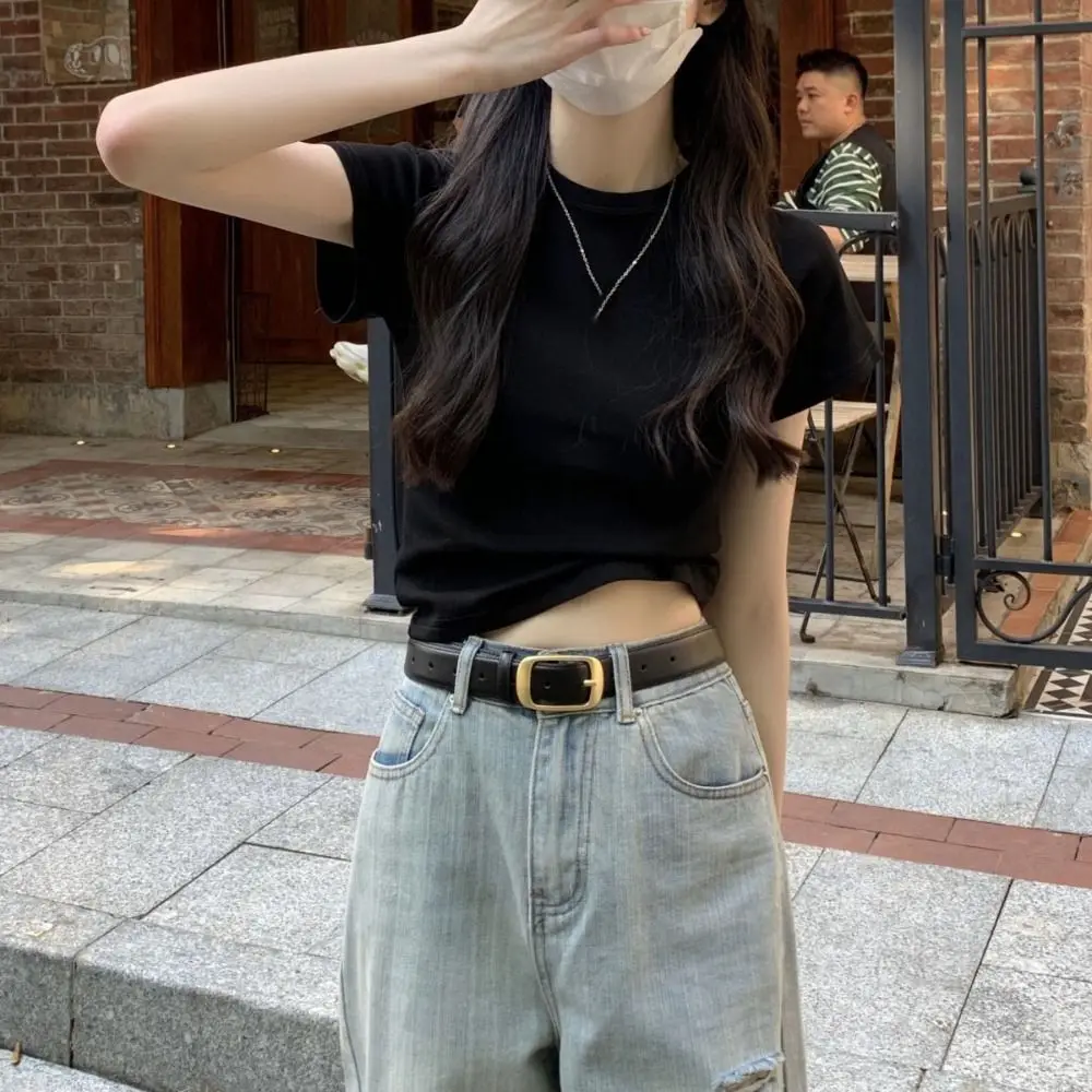 Camiseta Simple de manga corta de Color sólido, Top corto elegante Y2K, camisetas ajustadas de estilo coreano, ropa de calle para mujer - imagen 2