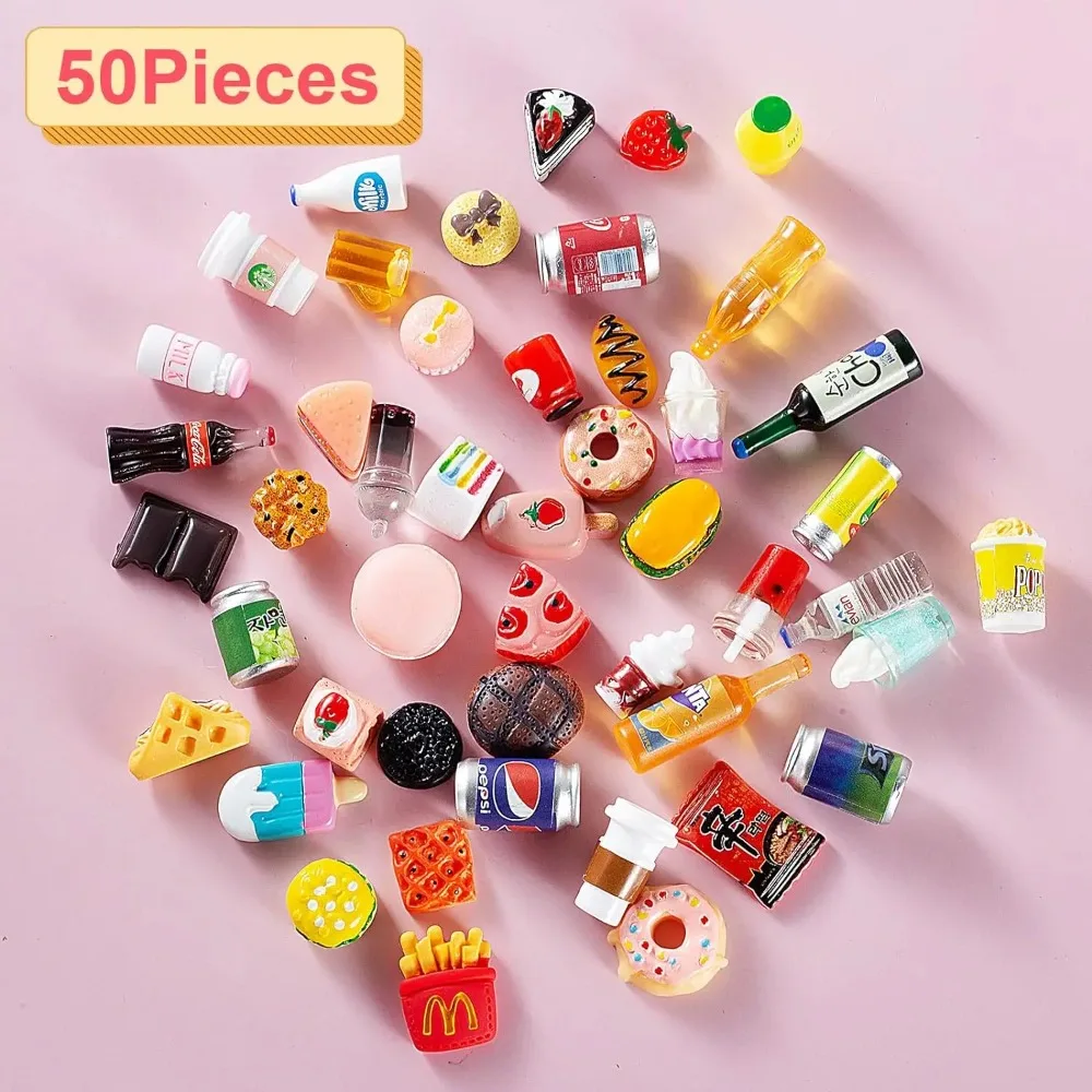 50 Uds. Botellas de bebidas y comida en miniatura, latas de Soda Pop, juego de simulación, juego de cocina, accesorios de fiesta, juguetes, pastel, helado para casa de muñecas - imagen 3