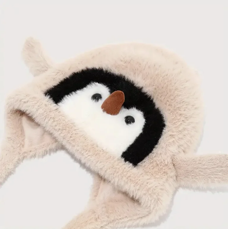 Gorro de pingüino con orejas esponjosas y cierre de cordón invierno - imagen 5