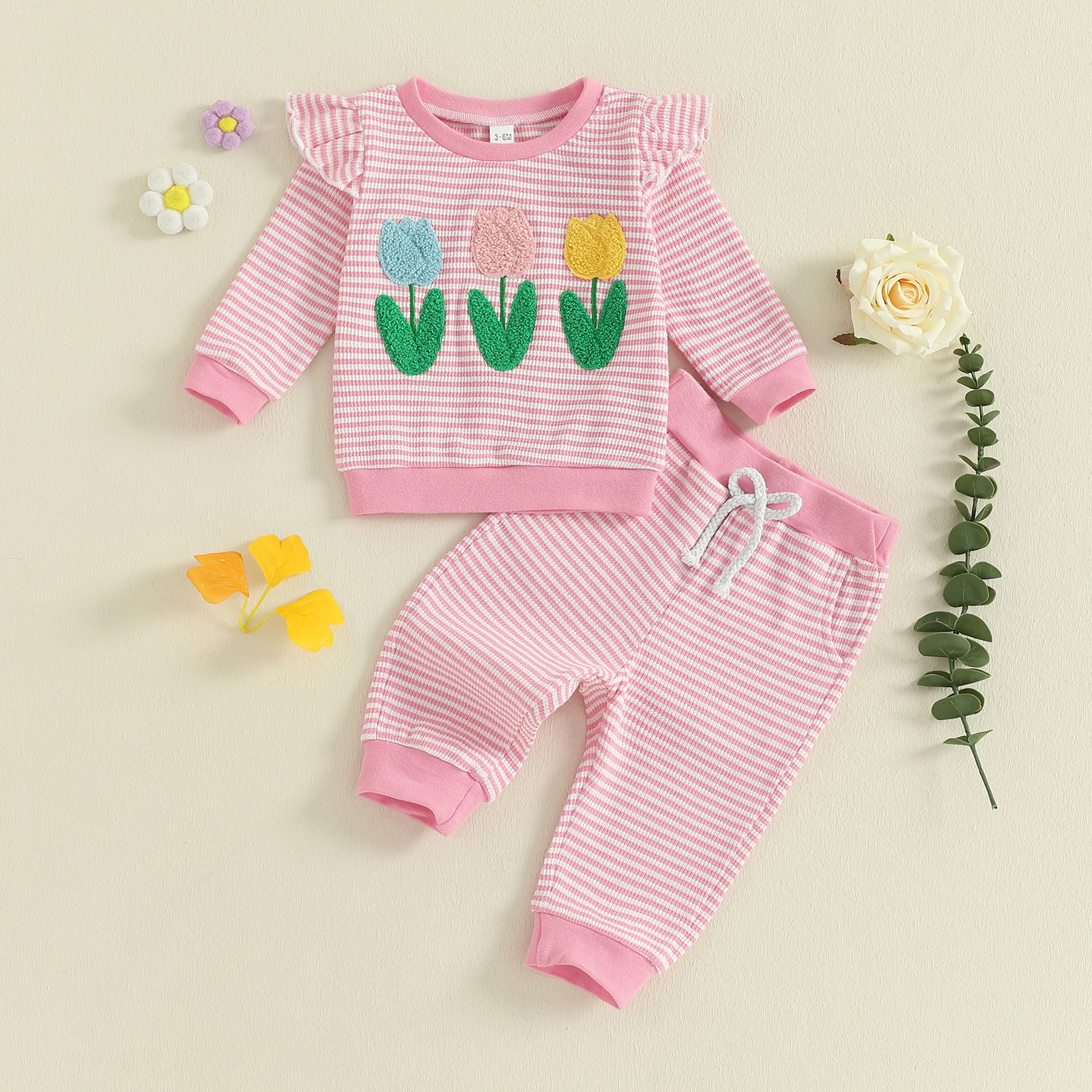 Conjunto de 2 piezas de trajes de rayas de otoño para niña pequeña, jersey de cuello redondo de manga larga con bordado de flores + pantalones de cintura elástica