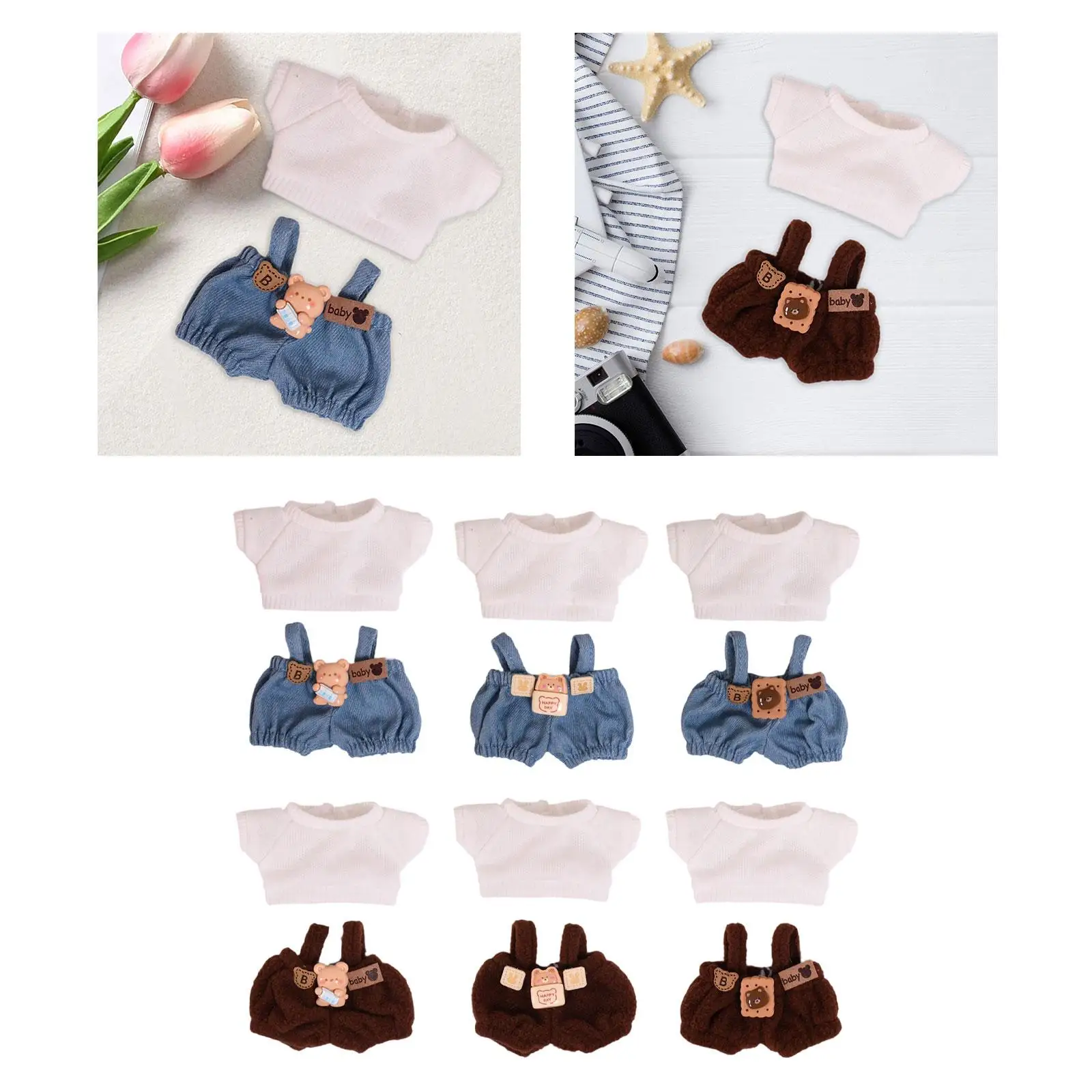 2 Pieces Dolls Clothing Accs Suspender Pants T Shirt Set for 15cm Dolls Boy Dolls Girls Dolls New Year Gifts Thanksgiving Gifts