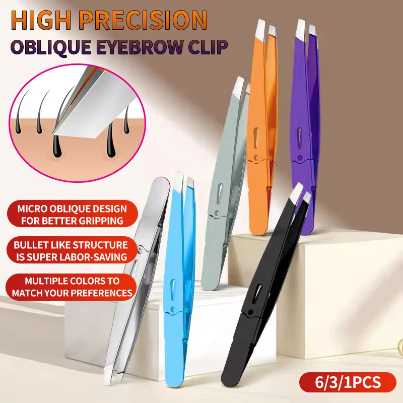 Pinzas con Clip para cejas, 6/3/1 Uds., boca oblicua, pelo, barba, pestañas postizas, parche para párpado doble, portátil de alta precisión