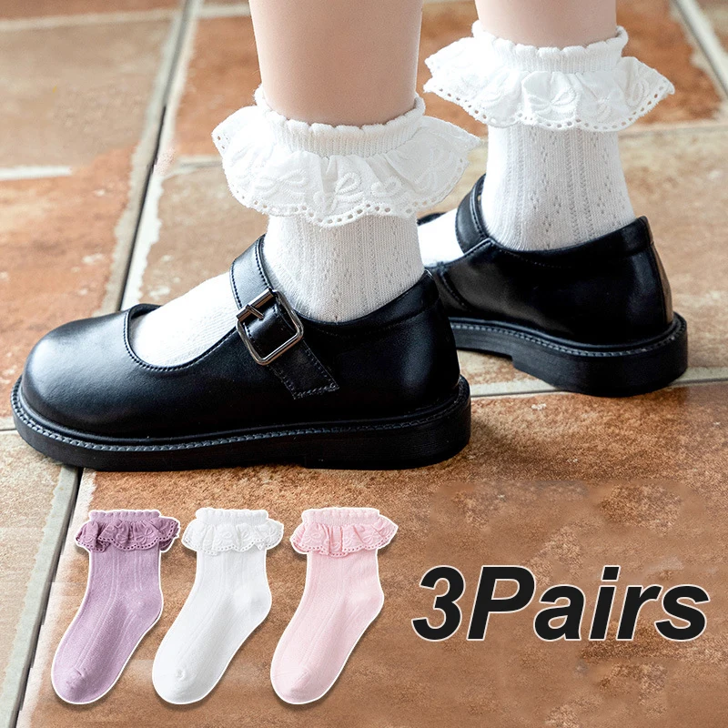 3 par/set niños niñas tobillo calcetín princesa volante encaje blanco pantorrilla calcetín para bebé primavera otoño algodón suave con volantes niños calcetines