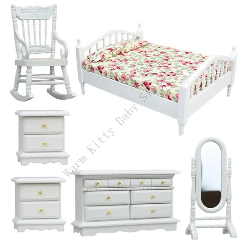 XXFE Juego muebles dormitorio casa muñecas madera, accesorio paisaje para dormitorio, mesita noche,