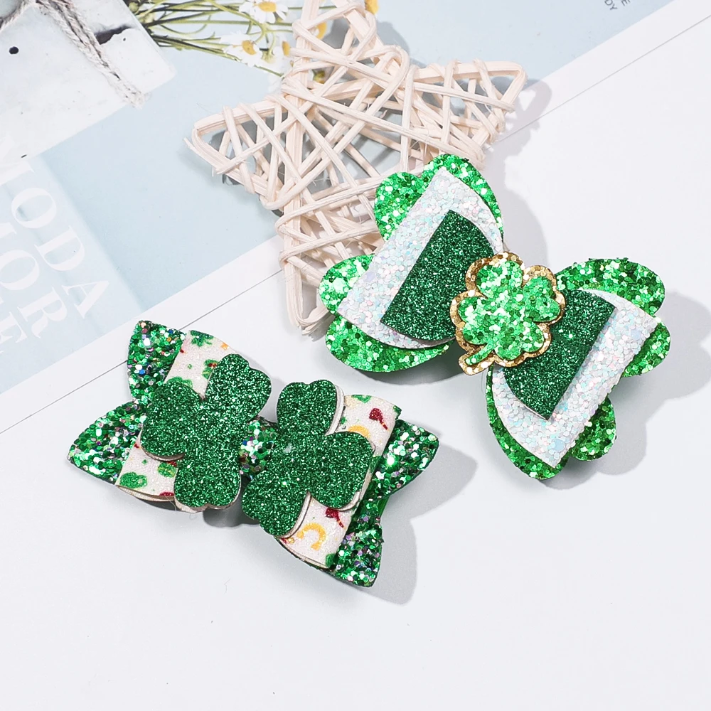 Pinzas para el pelo de la serie verde para niños y niñas, horquilla de trébol bonito, pasadores de unicornio con lentejuelas, accesorios para el cabello de Festival para niños, 5 piezas por juego - imagen 2