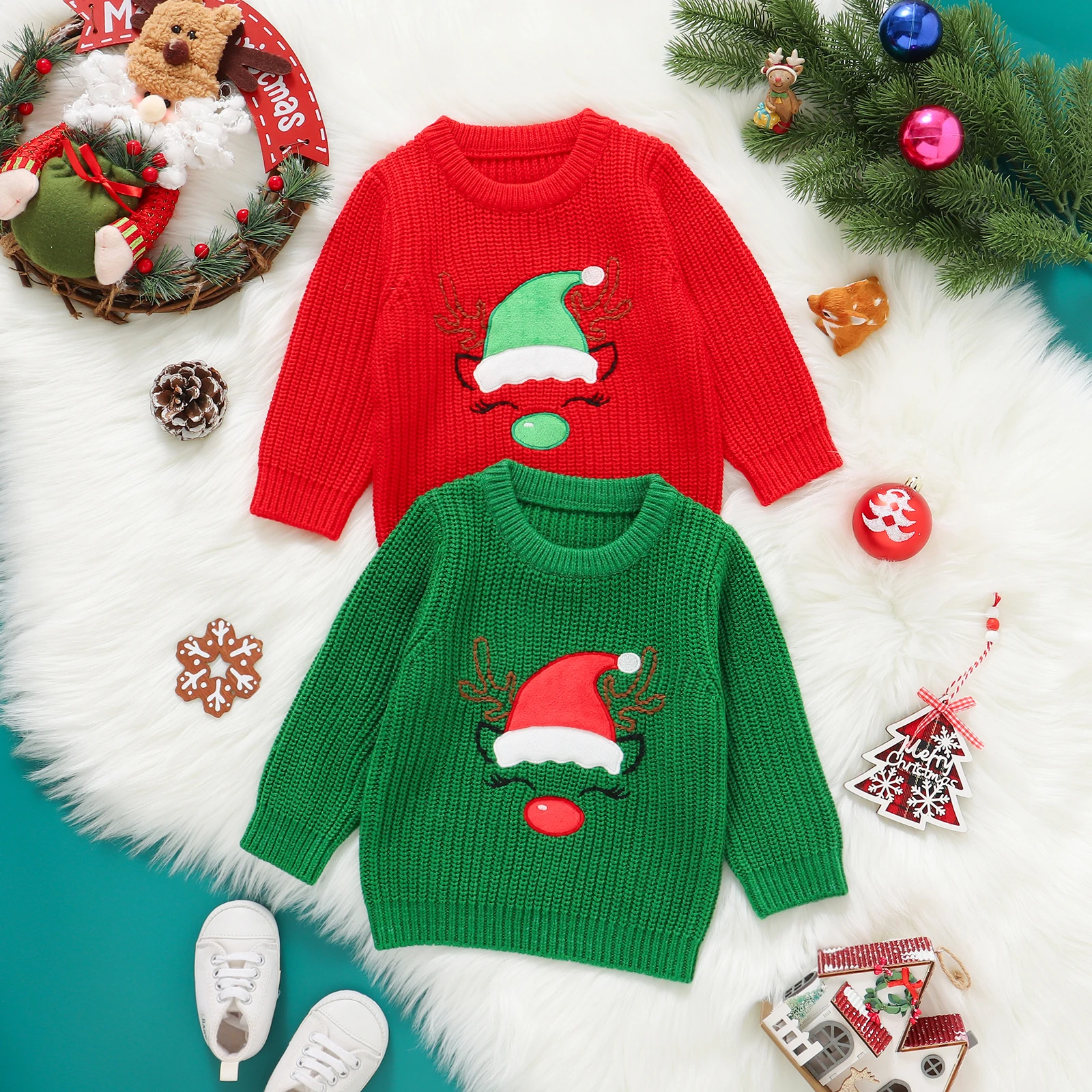 VISgogo Suéteres navideños para niño niña niño árbol de Navidad bordado cuello redondo manga larga jersey de punto - imagen 2