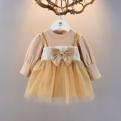 Vestido de algodón con lazo y manga larga para bebé recién nacido