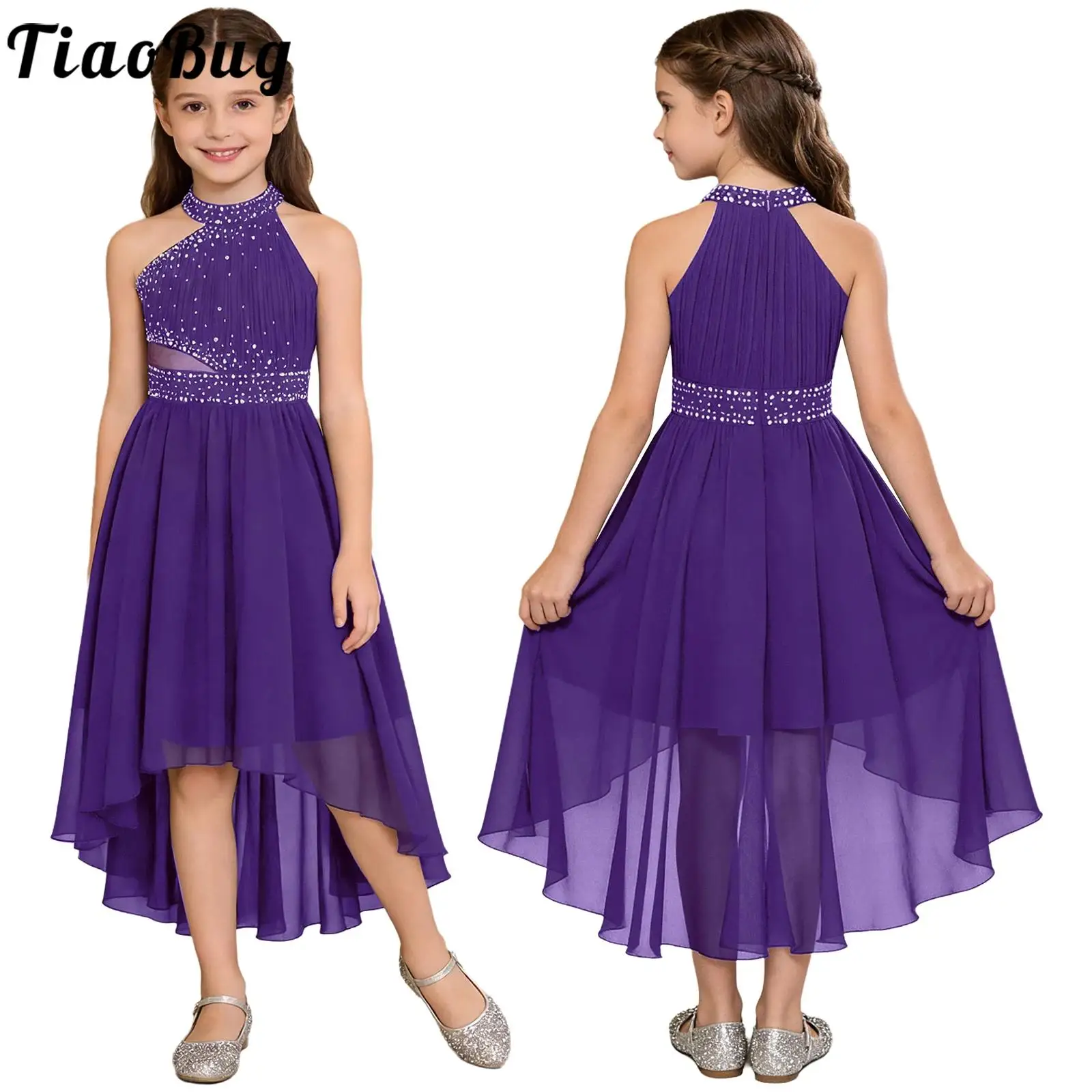 Vestido de dama de honor sin mangas con pedrería y gasa asimétrica
