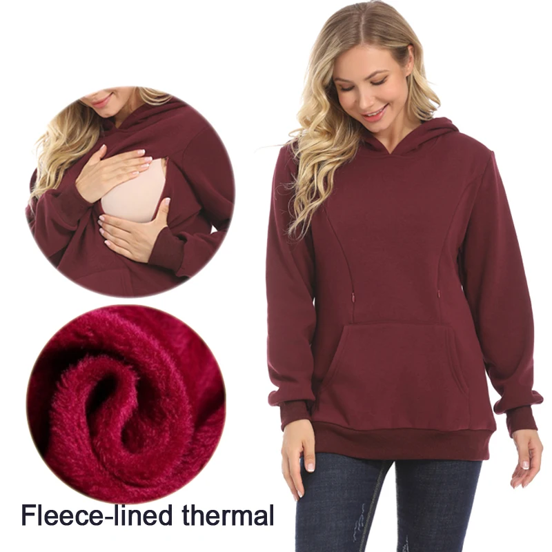 Suéter con capucha de maternidad, jerseys de lactancia de manga larga de tela térmica de invierno, ropa de lactancia - imagen 4