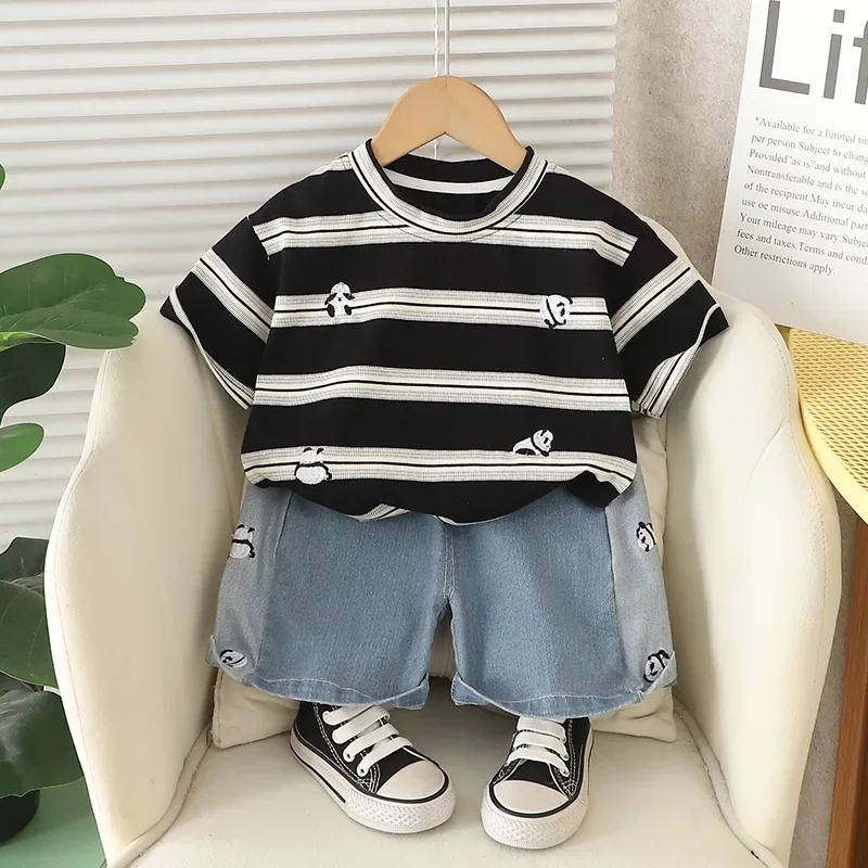 Conjunto veraniego bebé: tops algodón panda a rayas y shorts vaqueros - imagen 3