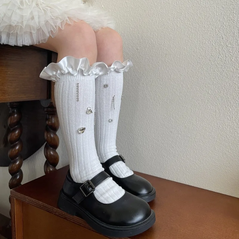 Calcetines altos para niñas con borlas de diamantes y encaje satinado - imagen 2