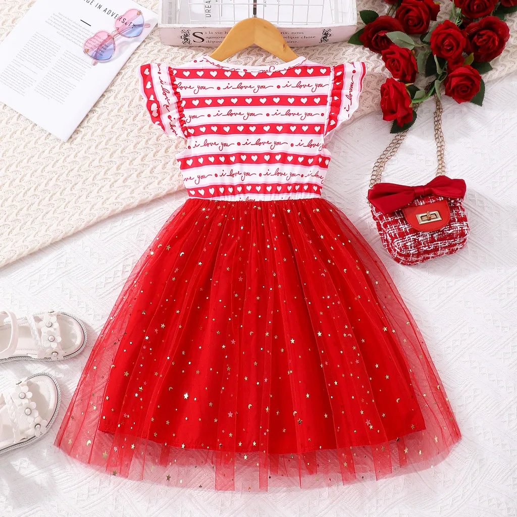 Lindo vestido rojo para niñas, vestidos de verano de manga corta Sweet Love para niños pequeños, disfraz informal para fiesta de cumpleaños para niños de 2 3 4 5 6 7 años - imagen 3