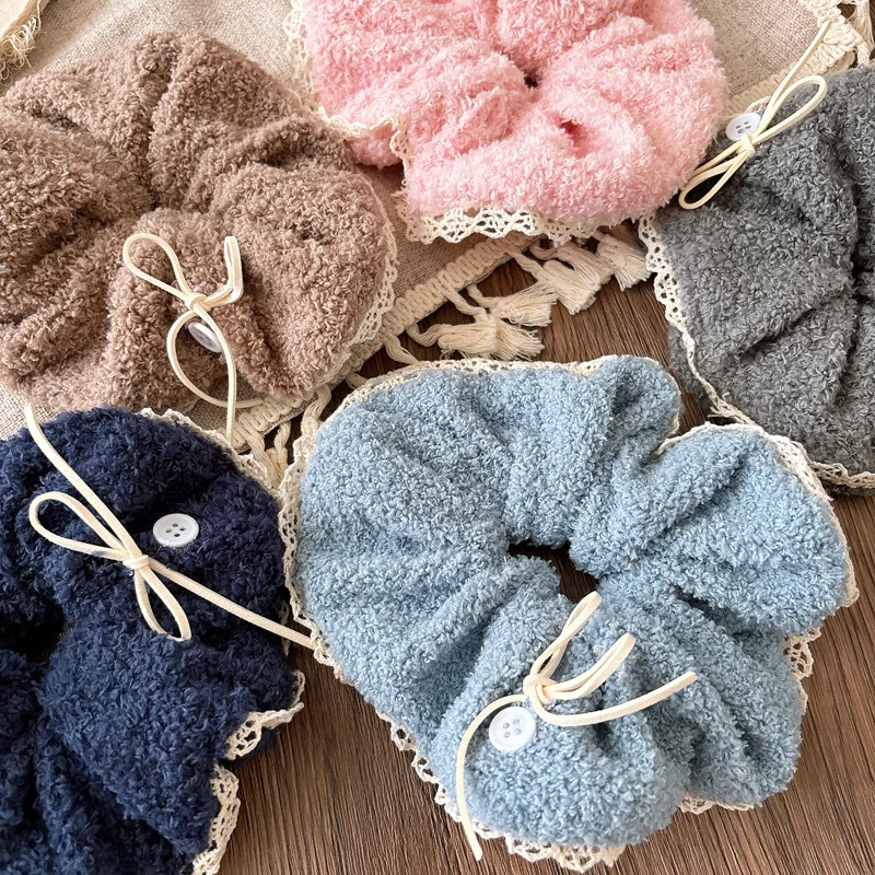 Nuevos coleteros grandes de felpa para otoño/invierno, adornos de encaje de Color sólido, accesorios para el cabello elegantes y dulces para niñas, suaves y no dañados - imagen 3