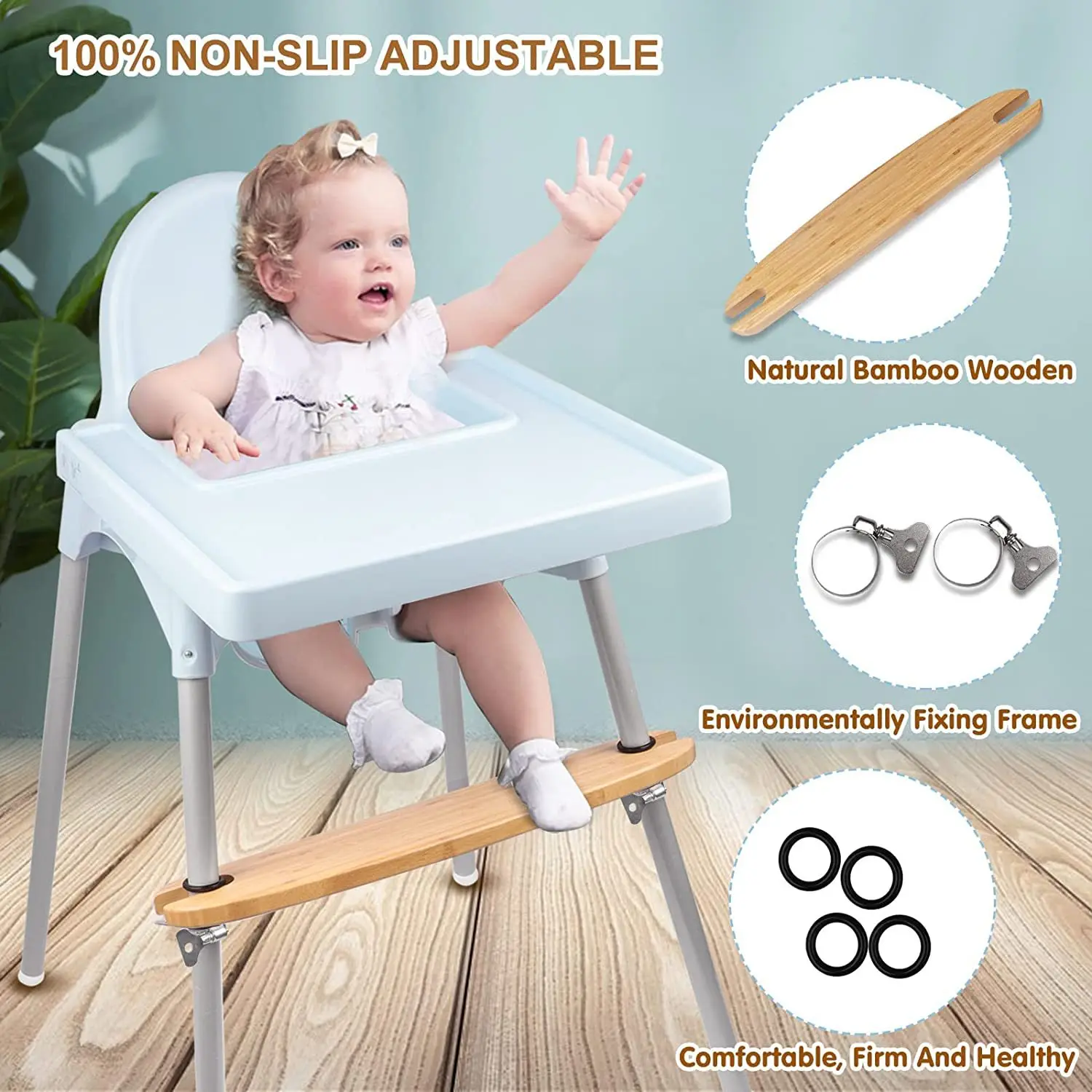 Trona para bebé, reposapiés, reposapiés de bambú Natural para bebé, trona para bebé, reposapiés para silla alta con anillos de goma, envío directo - imagen 3