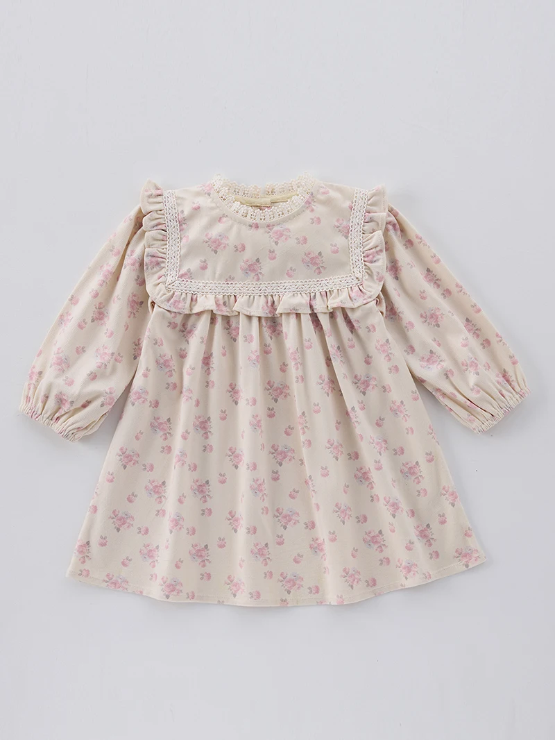 MILANCEL, vestido Floral de primavera para niñas, bonito vestido de manga larga con cuello de encaje para niños, traje informal para niñas, ropa de otoño para niños - imagen 3