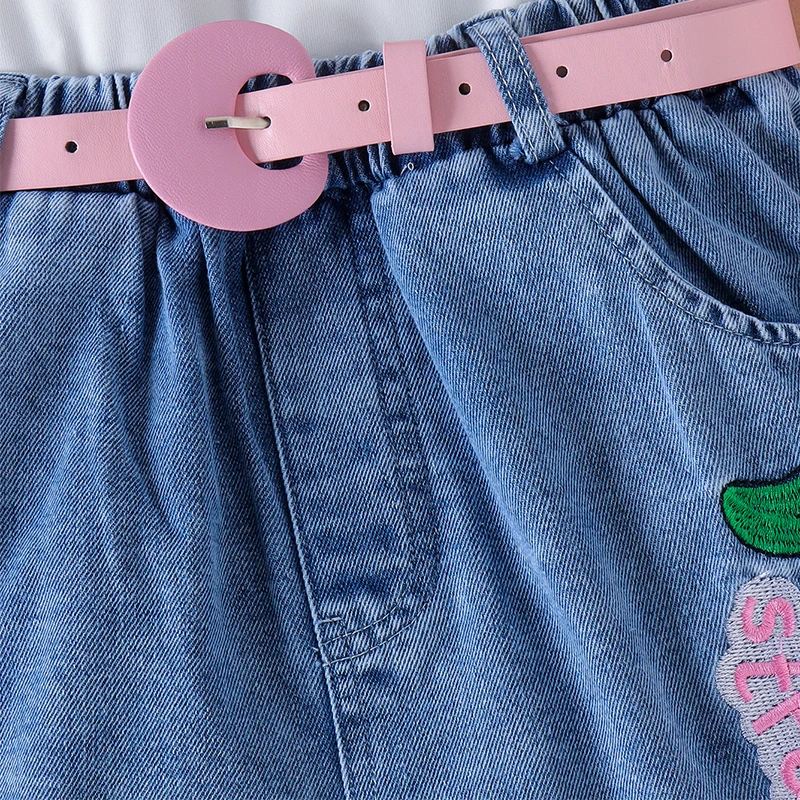 Ropa de verano para Chica adolescente, moda coreana, Tops de manga corta con estampado de fresa para bebé, pantalones cortos vaqueros y cinturón, ropa de Boutique para niños BC705 - imagen 5