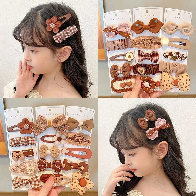 5 uds. Pinzas para el cabello Beige para niñas, lazos de tela Kawaii, conjunto de horquillas florales, accesorios bonitos para el cabello para niños pequeños, escuela - imagen 2