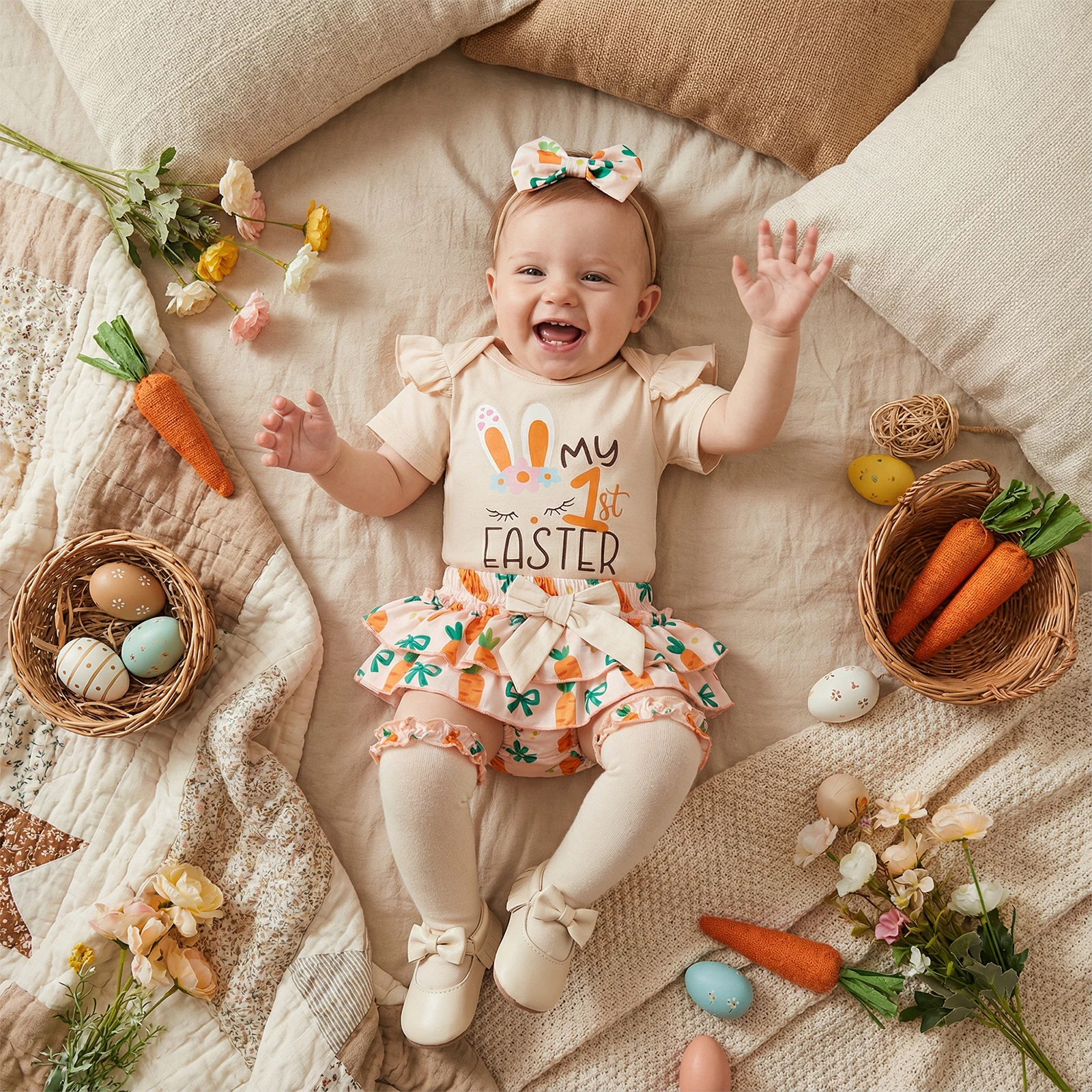 Traje de Pascua para niña: mono con letras y shorts de conejito - imagen 4