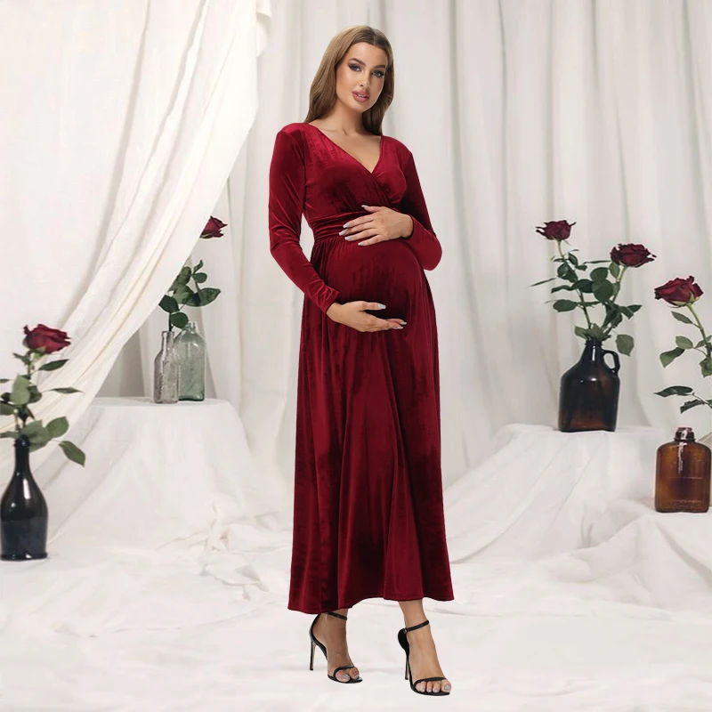 Vestido de terciopelo para embarazadas – Cuello en V y manga larga