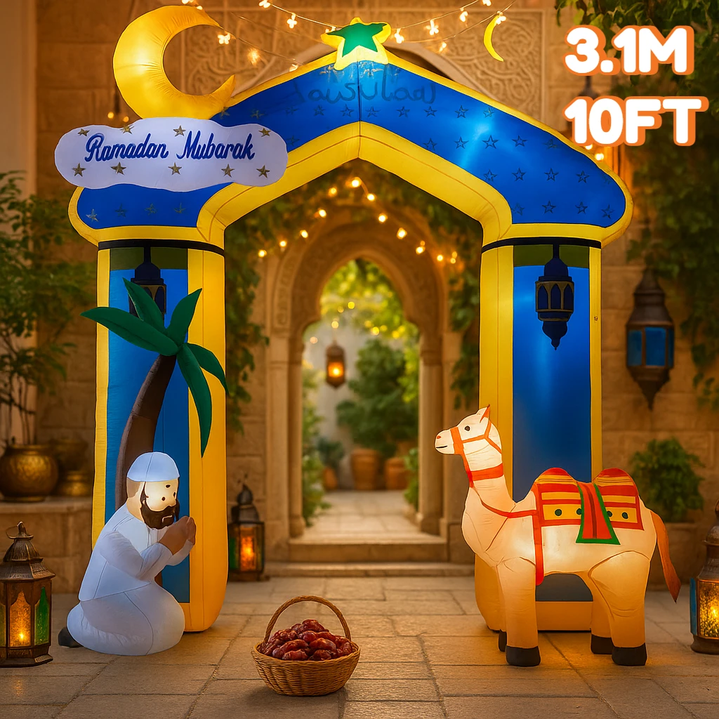 Arco inflable de Ramadán de 10 pies, decoración de Ramadán Mubarak, estrella, palmera, figura de oración, Camel, vacaciones islámicas, inflable para patio - imagen 2
