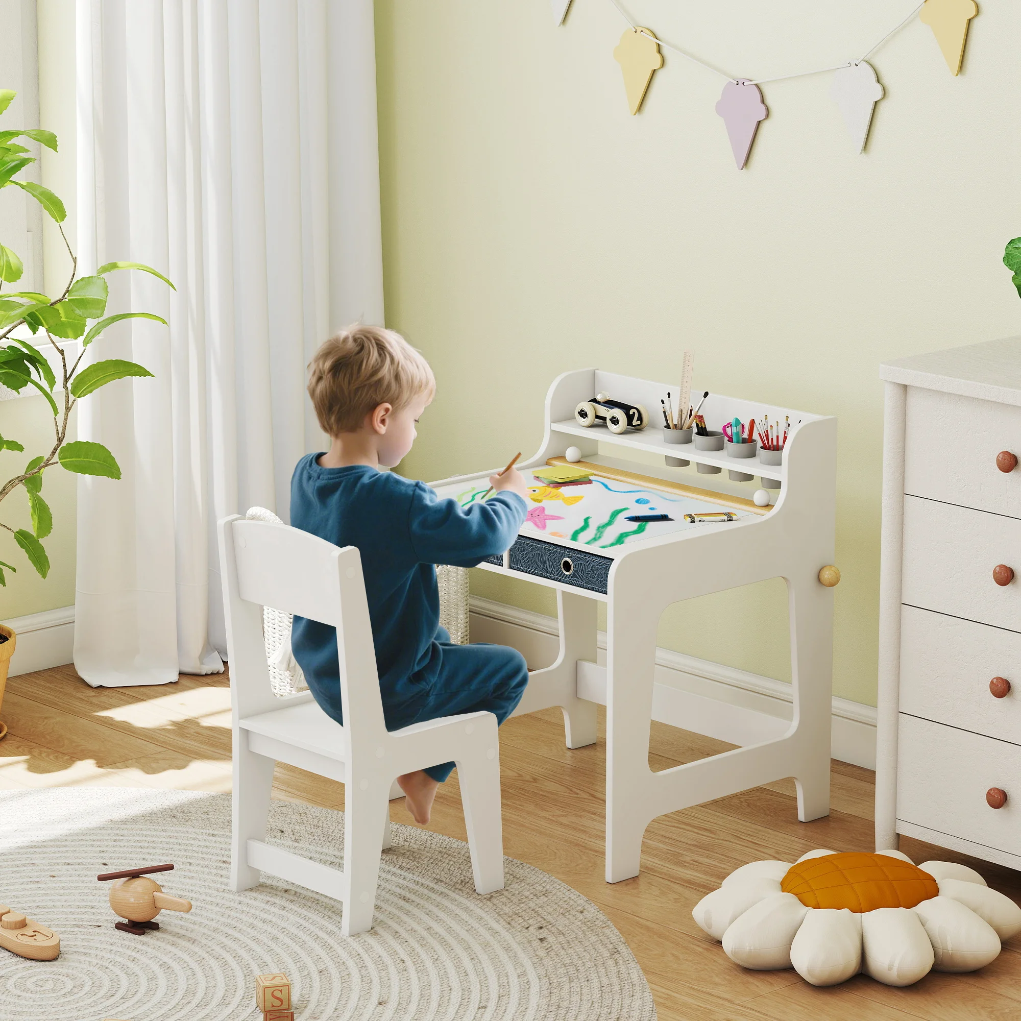 AIYAPLAY Escritorio Infantil con Silla, Pupitre Infantil con 2 Cajones Extraíbles, Estante y Portavasos, para Estudiar, Leer y Dibujar, Mesa para Niños para Dormitorio, Sala Estudio, Blanco - imagen 2