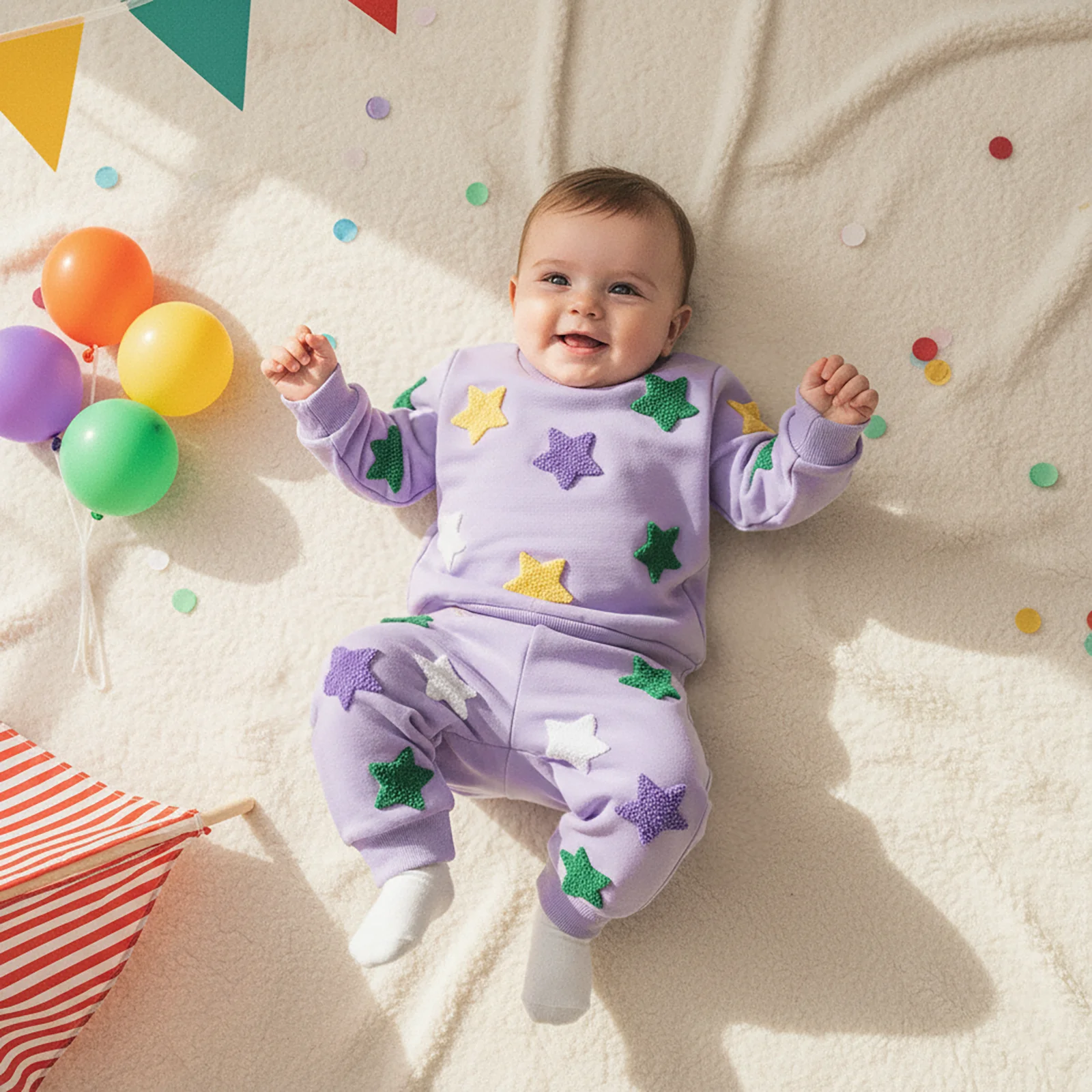 Suefunskry Conjunto de sudadera y pantalones de cintura elástica con bordado de estrellas coloridas y cuello redondo de manga larga para niño y niña - imagen 3