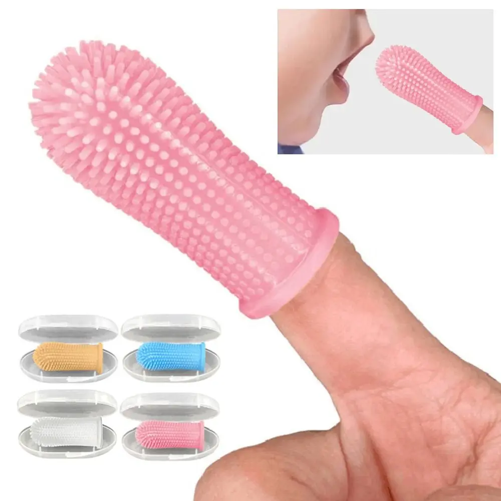 Cepillo de dientes de dedo para bebé, cepillo de dientes infantil de silicona suave, cepillo de limpieza de goma para bebé + caja, herramienta de cuidado transparente de dientes para niños